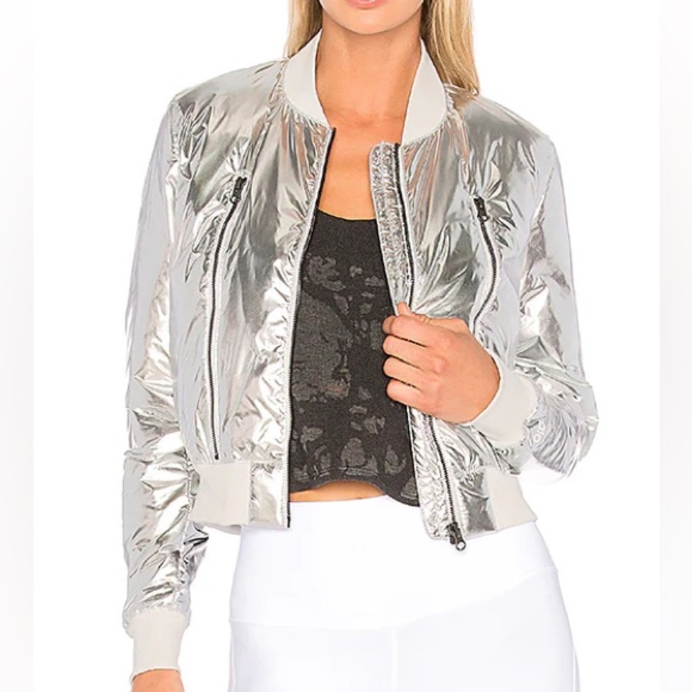 ALO Yoga Off Duty Bomber Jacket Womens XS  Silver Metallic Down Insulated - Picture 2 of 11